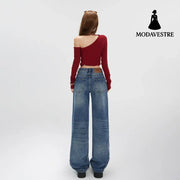 Washed Straight Leg Jeans for Women with Textured Design Slim Wide Leg High Waist