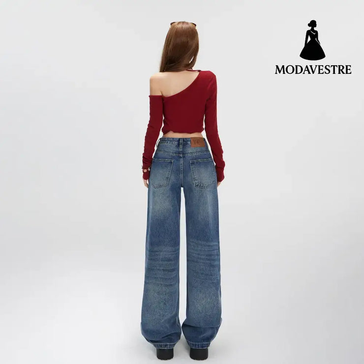 Washed Straight Leg Jeans for Women with Textured Design Slim Wide Leg High Waist