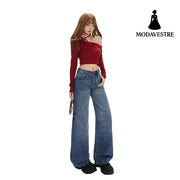 Washed Straight Leg Jeans for Women with Textured Design Slim Wide Leg High Waist