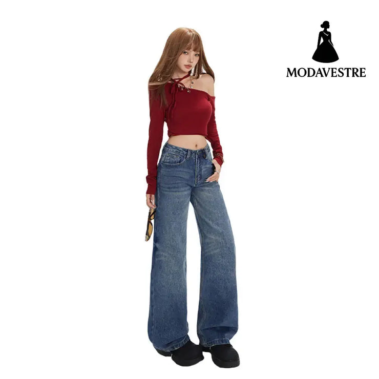 Washed Straight Leg Jeans for Women with Textured Design Slim Wide Leg High Waist