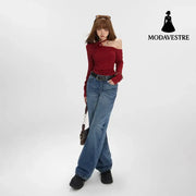Washed Straight Leg Jeans for Women with Textured Design Slim Wide Leg High Waist