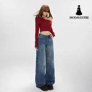 Washed Straight Leg Jeans for Women with Textured Design Slim Wide Leg High Waist