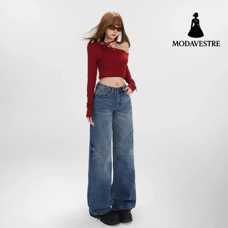 Washed Straight Leg Jeans for Women with Textured Design Slim Wide Leg High Waist