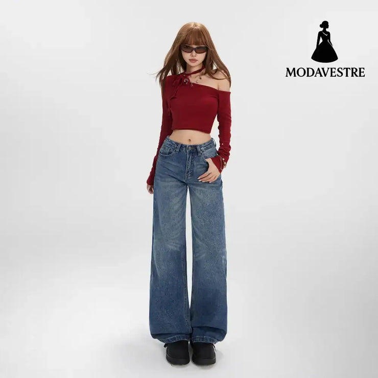 Washed Straight Leg Jeans for Women with Textured Design Slim Wide Leg High Waist