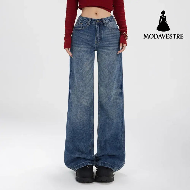 Washed Straight Leg Jeans for Women with Textured Design Slim Wide Leg High Waist Vintage Long Pants / XS