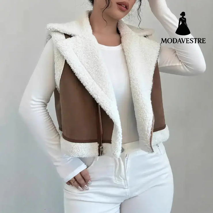 Western Style Light Fur Integrated Lamb Wool Vest Brown / L