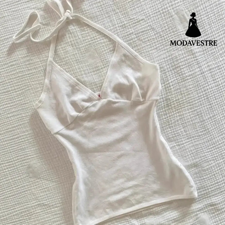 White Halter Neck Slim Fit Top – Minimalist Summer Tank