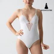 White Lace Strap Bodysuit – Soft Stretchy One-Piece Lingerie Jumpsuit for Women