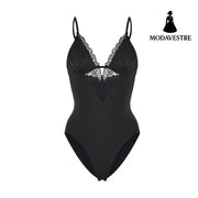 White Lace Strap Bodysuit – Soft Stretchy One-Piece Lingerie Jumpsuit for Women