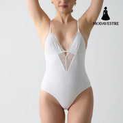 White Lace Strap Bodysuit – Soft Stretchy One-Piece Lingerie Jumpsuit for Women S / White