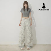White Tie-Dye Printed Jeans for Women High Waist Loose Wide Leg Pants