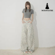 White Tie-Dye Printed Jeans for Women High Waist Loose Wide Leg Pants