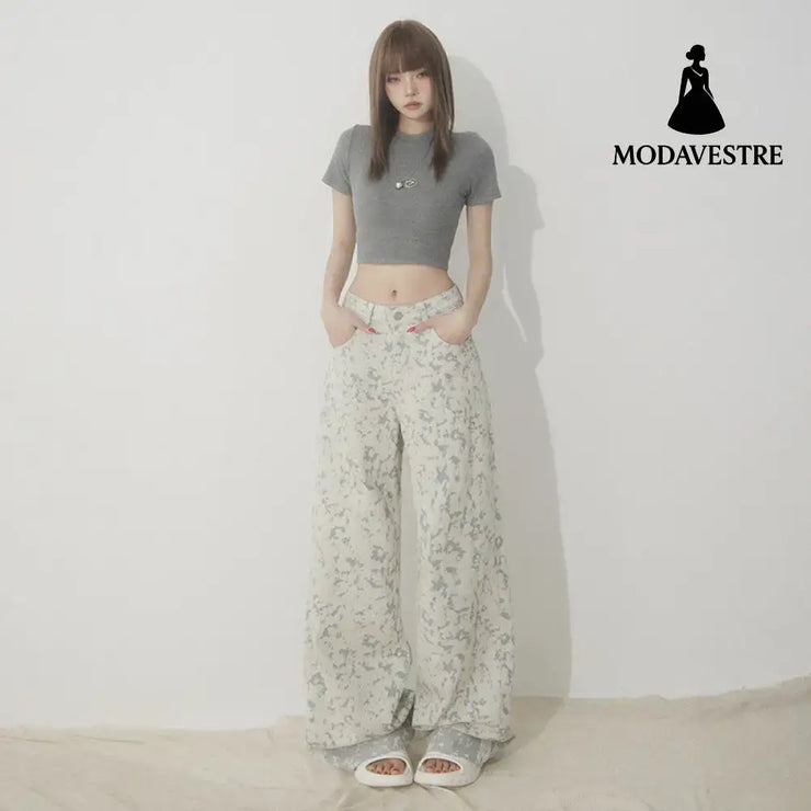 White Tie-Dye Printed Jeans for Women High Waist Loose Wide Leg Pants