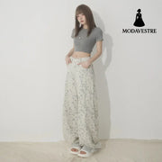 White Tie-Dye Printed Jeans for Women High Waist Loose Wide Leg Pants