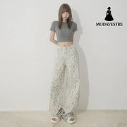 White Tie-Dye Printed Jeans for Women High Waist Loose Wide Leg Pants