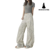 White Tie-Dye Printed Jeans for Women High Waist Loose Wide Leg Pants