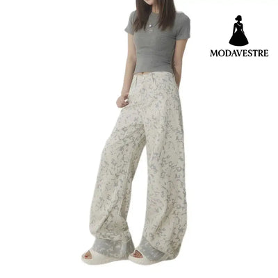 White Tie-Dye Printed Jeans for Women High Waist Loose Wide Leg Pants