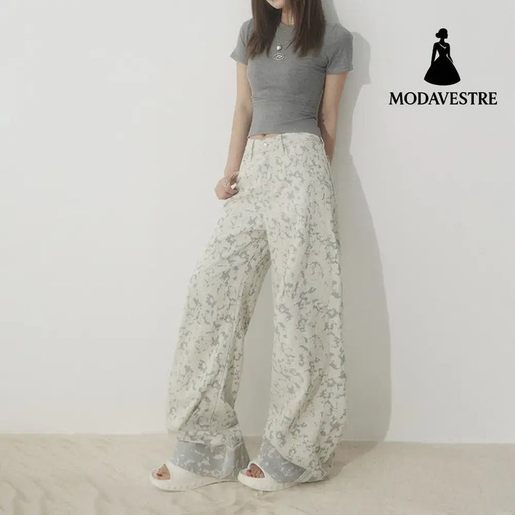 White Tie-Dye Printed Jeans for Women High Waist Loose Wide Leg Pants White 