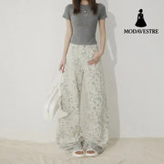 White Tie-Dye Printed Jeans for Women High Waist Loose Wide Leg Pants White Long Pants / XS