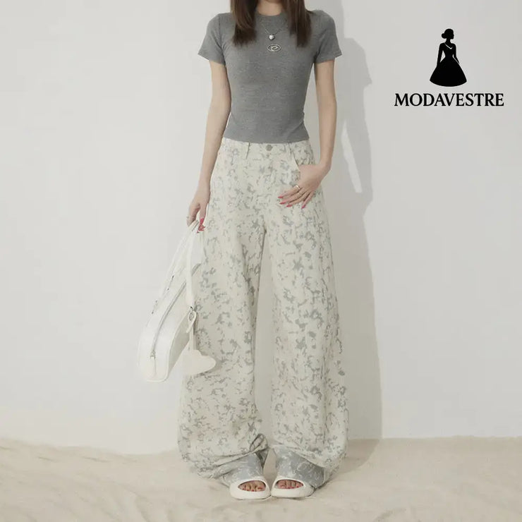 White Tie-Dye Printed Jeans for Women High Waist Loose Wide Leg Pants White Long Pants / XS