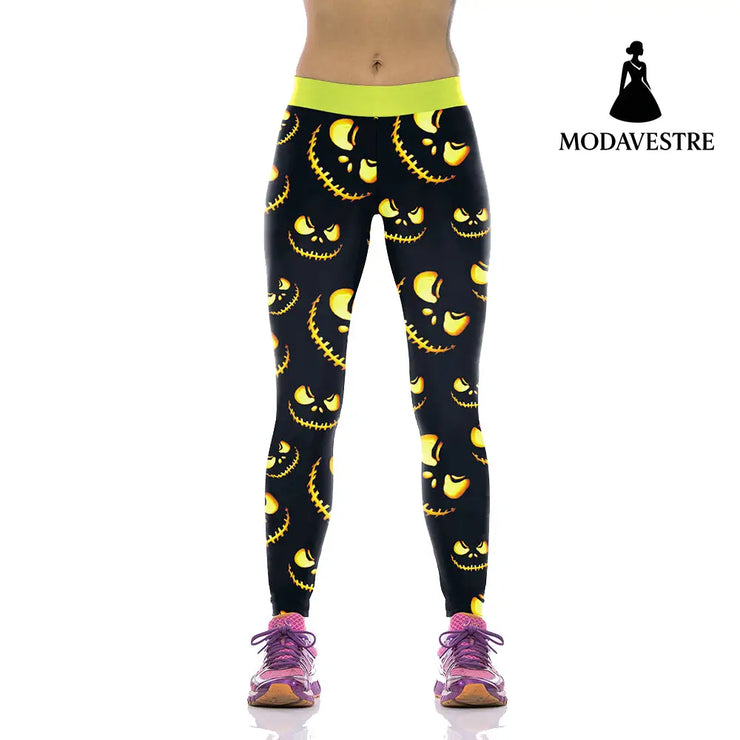 Wholesale Women Leggings Harvest Halloween Sporting Leggings Lighting Pumpkin Lantern Printed Mujer Leggins Pants - MODAVESTRE
