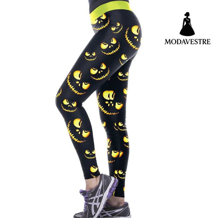 Wholesale Women Leggings Harvest Halloween Sporting Leggings Lighting Pumpkin Lantern Printed Mujer Leggins Pants - MODAVESTRE