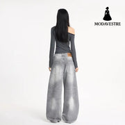 Wide Leg Denim Pants Unisex Oversized Relaxed Fit Street Style Washed Knife Cut Jeans