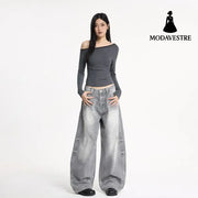 Wide Leg Denim Pants Unisex Oversized Relaxed Fit Street Style Washed Knife Cut Jeans