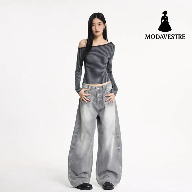 Wide Leg Denim Pants Unisex Oversized Relaxed Fit Street Style Washed Knife Cut Jeans