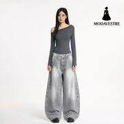 Wide Leg Denim Pants Unisex Oversized Relaxed Fit Street Style Washed Knife Cut Jeans