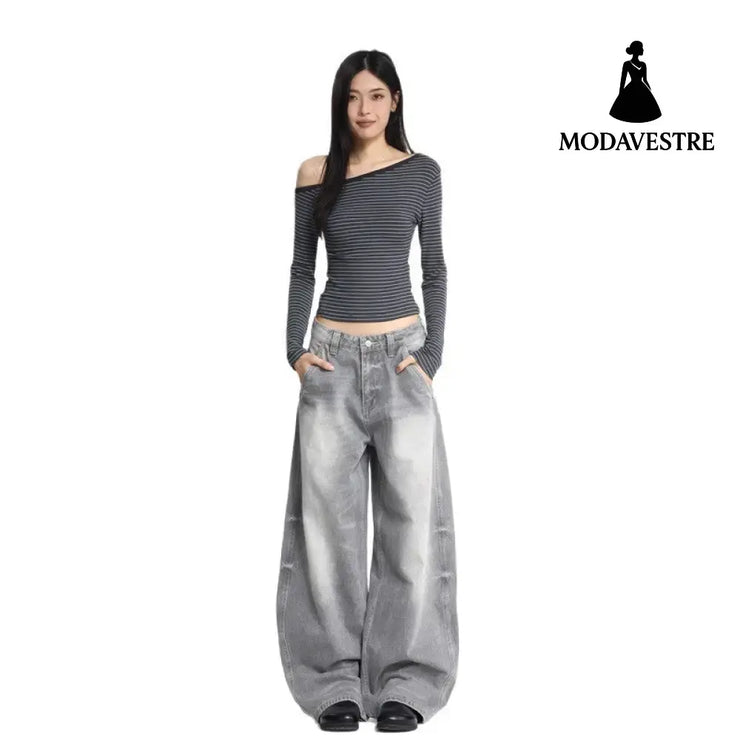 Wide Leg Denim Pants Unisex Oversized Relaxed Fit Street Style Washed Knife Cut Jeans