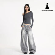 Wide Leg Denim Pants Unisex Oversized Relaxed Fit Street Style Washed Knife Cut Jeans