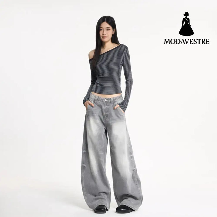 Wide Leg Denim Pants Unisex Oversized Relaxed Fit Street Style Washed Knife Cut Jeans