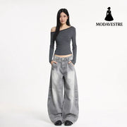 Wide Leg Denim Pants Unisex Oversized Relaxed Fit Street Style Washed Knife Cut Jeans Gray / XS