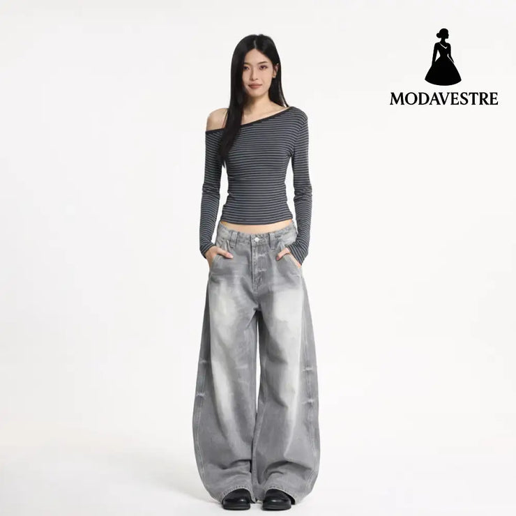 Wide Leg Denim Pants Unisex Oversized Relaxed Fit Street Style Washed Knife Cut Jeans Gray / XS