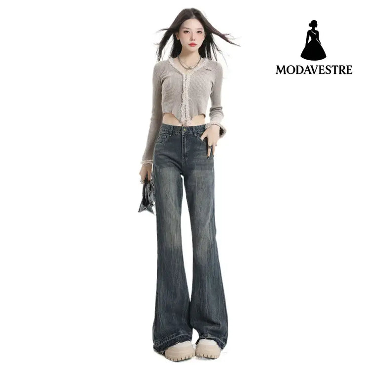Wide Leg Flared Pants High Waist Long Length Loose Fit Raw Hem Denim Jeans for Women