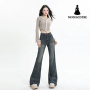 Wide Leg Flared Pants High Waist Long Length Loose Fit Raw Hem Denim Jeans for Women