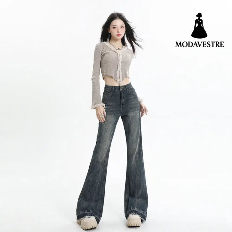 Wide Leg Flared Pants High Waist Long Length Loose Fit Raw Hem Denim Jeans for Women