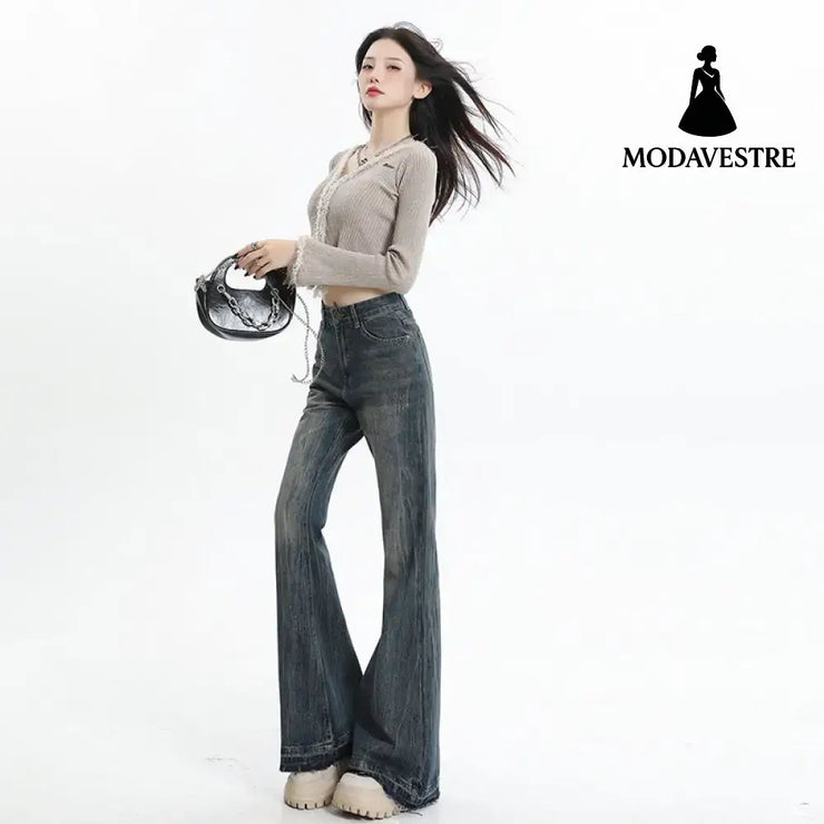 Wide Leg Flared Pants High Waist Long Length Loose Fit Raw Hem Denim Jeans for Women