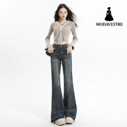 Wide Leg Flared Pants High Waist Long Length Loose Fit Raw Hem Denim Jeans for Women