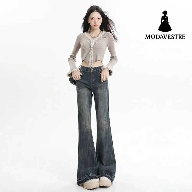 Wide Leg Flared Pants High Waist Long Length Loose Fit Raw Hem Denim Jeans for Women
