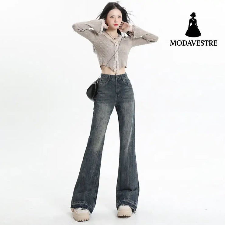 Wide Leg Flared Pants High Waist Long Length Loose Fit Raw Hem Denim Jeans for Women