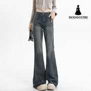 Wide Leg Flared Pants High Waist Long Length Loose Fit Raw Hem Denim Jeans for Women Vintage Blue#Ankle-Length / XS