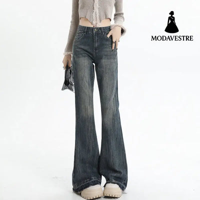 Wide Leg Flared Pants High Waist Long Length Loose Fit Raw Hem Denim Jeans for Women Vintage Blue#Ankle-Length / XS