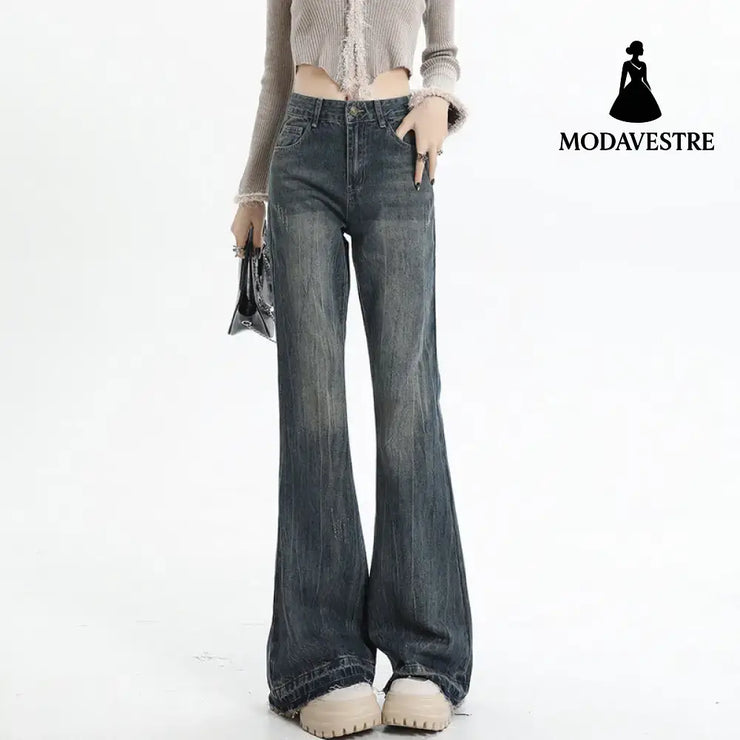 Wide Leg Flared Pants High Waist Long Length Loose Fit Raw Hem Denim Jeans for Women Vintage Blue