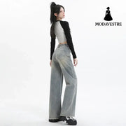 Wide Leg Jeans for Women High Waist Loose Slimming Frayed Hem Floor-Length Pants