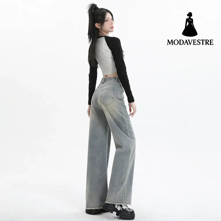 Wide Leg Jeans for Women High Waist Loose Slimming Frayed Hem Floor-Length Pants