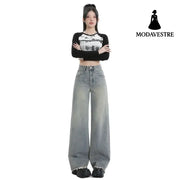 Wide Leg Jeans for Women High Waist Loose Slimming Frayed Hem Floor-Length Pants