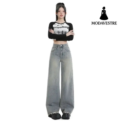 Wide Leg Jeans for Women High Waist Loose Slimming Frayed Hem Floor-Length Pants