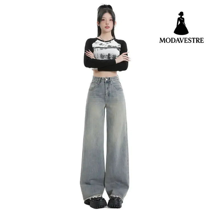 Wide Leg Jeans for Women High Waist Loose Slimming Frayed Hem Floor-Length Pants